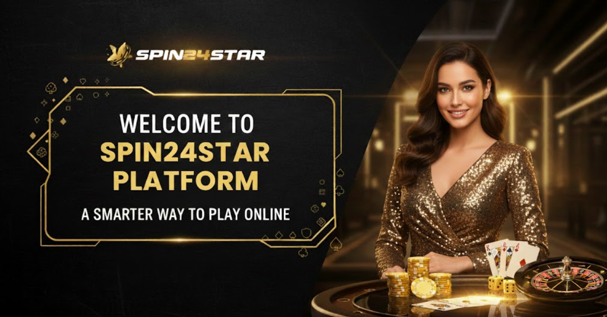 Smiling woman in a gold dress sits beside a roulette table with poker chips and cards. Welcome to Spin24Star Platform: A Smarter Way to Play Online text displayed.
