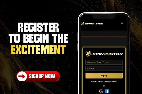Register to Begin the Excitement" in white and yellow, featuring a phone with a signup form and a bold red "Signup Now" button.