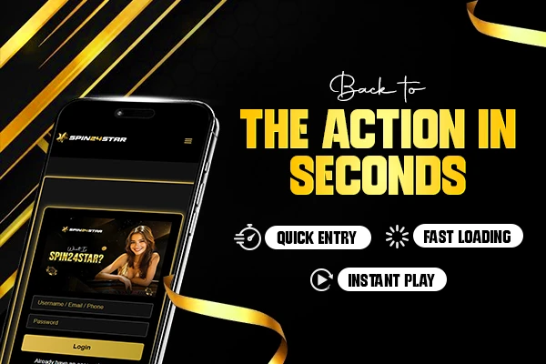 A black and gold backdrop, Spin4Star app displays a login page with icons for quick entry, fast loading, and instant play.