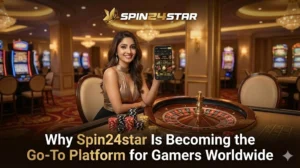 Smiling woman in a western attire showing the mobile in hand with the Spin24star website interface sats beside a roulette table with poker chips and cards. "Why Spin24star Is Becoming the Go-To Platform for Gamers Worldwide" text displayed at bottom