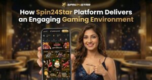Smiling woman in a western attire showing the mobile in hand with the Spin24star website interface sats beside a roulette table with poker chips and cards. "Why Spin24star Is Becoming the Go-To Platform for Gamers Worldwide" text displayed at bottom