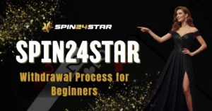 Elegant woman in black gown pointing to Spin24Star logo and text written as "Spin24star withdrawal process for beginners