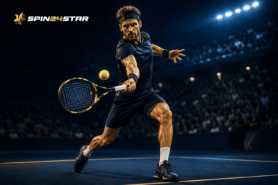Tennis player hitting the ball during a competitive match