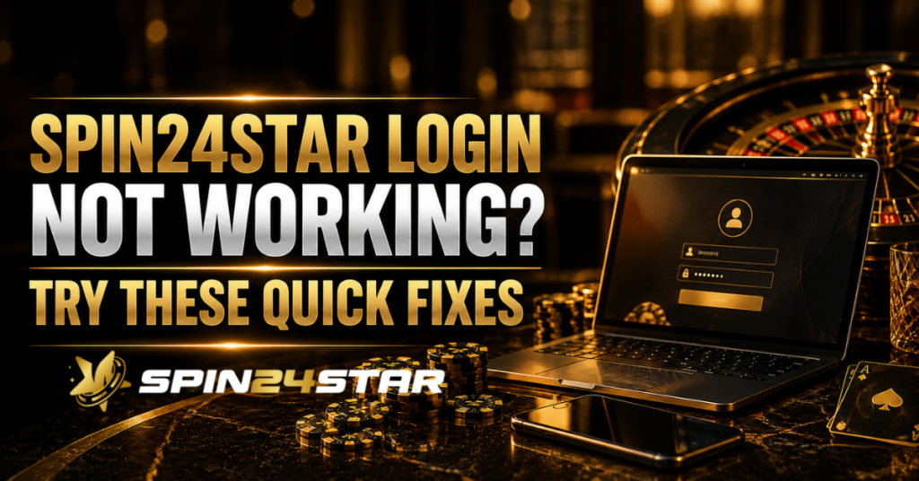 Gold and black gaming-themed banner with a laptop login screen, gaming chips, and a spin wheel, featuring the Spin24Star logo and text "Spin24Star Login Not Working? Try These Quick Fixes."