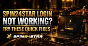 Gold and black gaming-themed banner with a laptop login screen, gaming chips, and a spin wheel, featuring the Spin24Star logo and text "Spin24Star Login Not Working? Try These Quick Fixes."