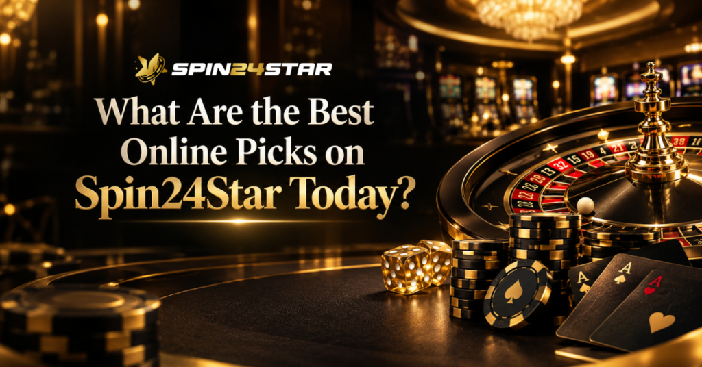 Gold and black gaming-themed banner with a spin wheel, and gaming cards, featuring the Spin24Star logo and text "What Are the Best Online Picks on Spin24Star Today?"