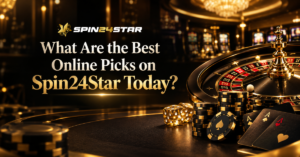 Gold and black gaming-themed banner with a spin wheel, and gaming cards, featuring the Spin24Star logo and text "What Are the Best Online Picks on Spin24Star Today?"